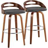 Cassis 30" Swivel Bar Stool in Walnut Wood & Grey Leatherette w/ Chrome Footrest (Set of 2)